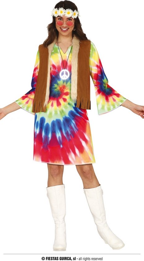 Guirca - Hippie Kostuum - Tie Dye Festival Jurk Hippie Vrouw - Bruin, Multicolor - Maat 36-38 - Carnavalskleding - Verkleedkleding