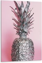 Dibond - Zilveren Ananas met Roze Achtergrond - 80x120 cm Foto op Aluminium (Met Ophangsysteem)