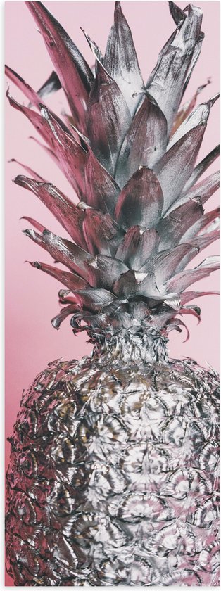 Poster (Mat) - Zilveren Ananas met Roze Achtergrond - 50x150 cm Foto op Posterpapier met een Matte look