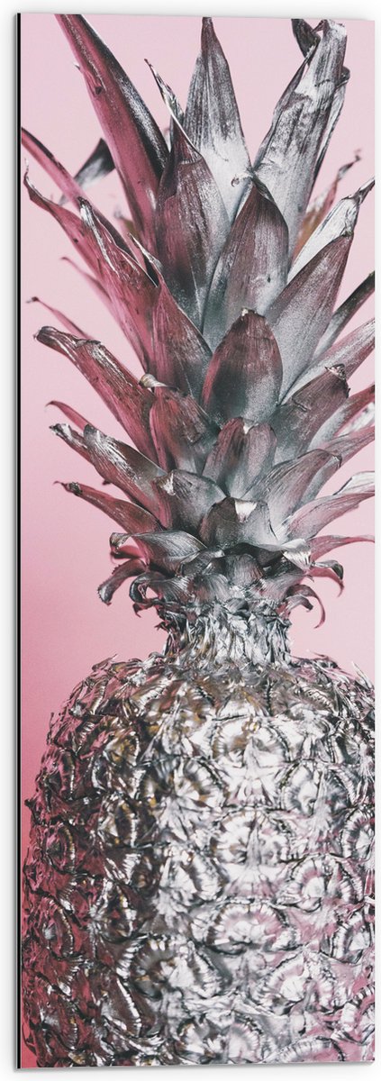 Dibond - Zilveren Ananas met Roze Achtergrond - 30x90 cm Foto op Aluminium (Wanddecoratie van metaal)