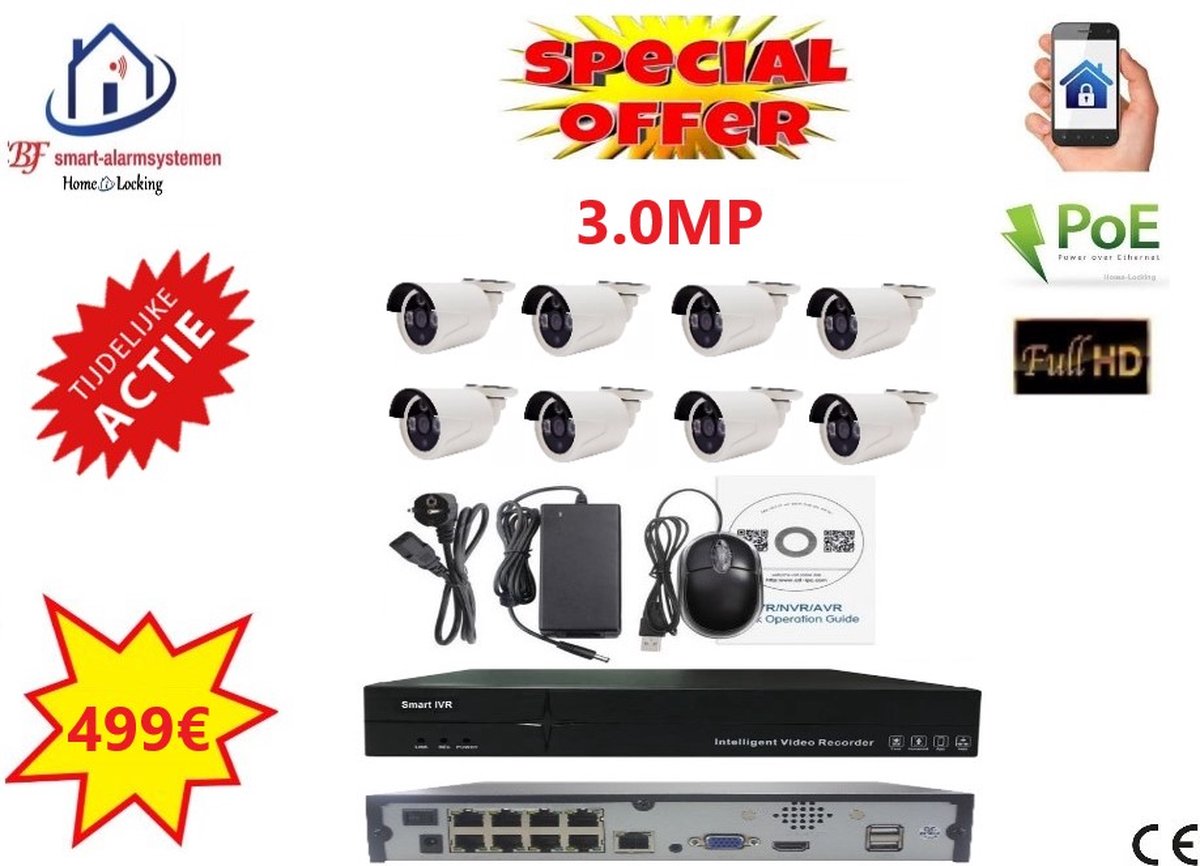 Home-Locking camerasysteem met NVR 5.0MP H265 POE met 8 camera's 3.0MP CS-8-1537