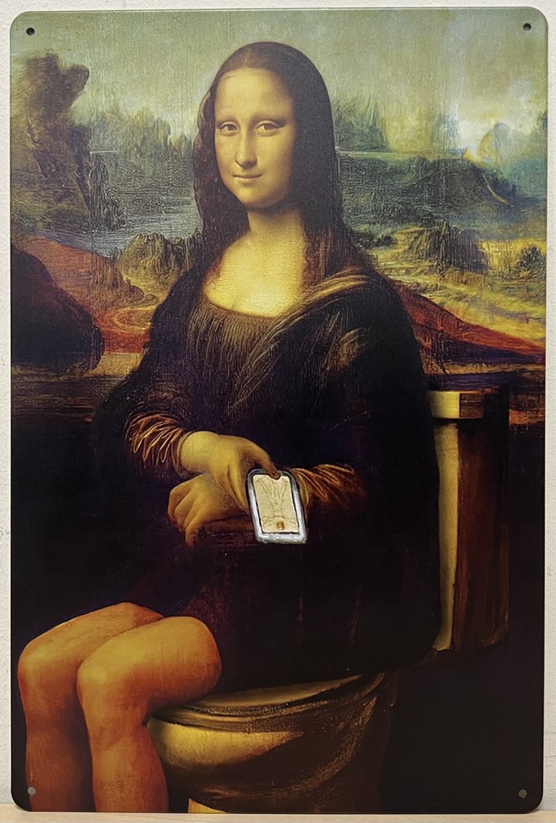 Mona Lisa met smartphone op het toilet Reclamebord van metaal METALEN WANDBORD . bol