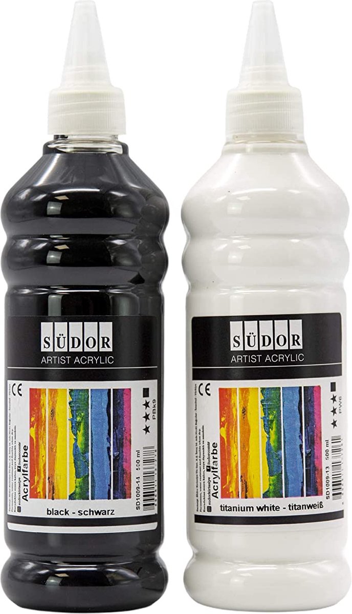 Südor Acrylverf set , 500 + 500 ml, totaal 1000 ml Hoog gepigmenteerde en dekkende acrylverf, industriële Kunstenaarsverven, acrylverfset voor Schilden en Knutselen , art. Waterdicht (zwart, wit) — afbeelding 4