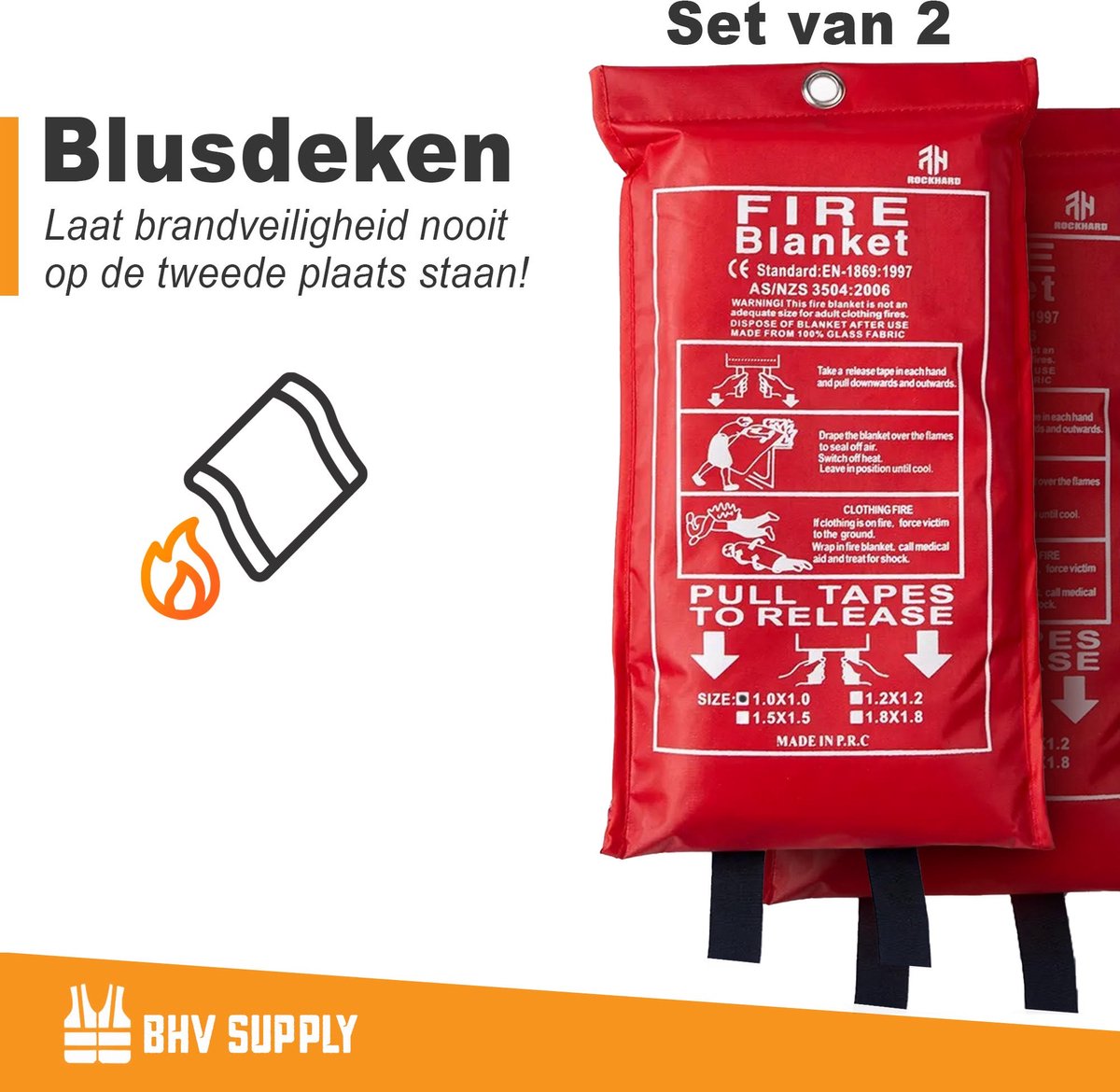 BHVsupply™ - 2x Blusdekens - 100x100 cm EU-norm - Textiel softcover -EN- bescherming hoes softcover - Branddeken 1cm x 1 cm – Fire blanket - Branddeken - BHVsupply