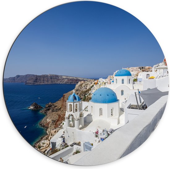 Dibond Muurcirkel - De Kenmerkende Blauwe Daken van Santorini - 70x70 cm Foto op Aluminium Muurcirkel (met ophangsysteem)