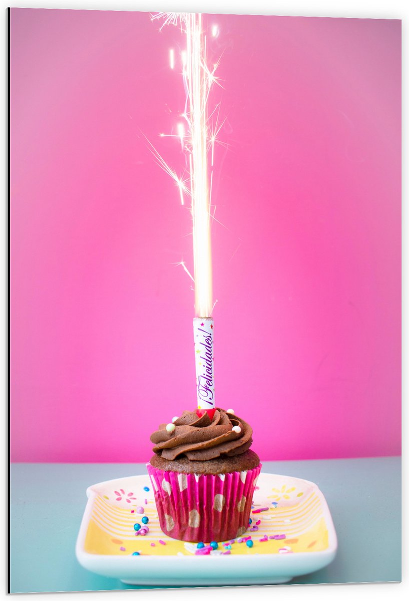 Dibond - Verjaardagscupcake met Chocolade Topping en Fontein - 60x90 cm Foto op Aluminium