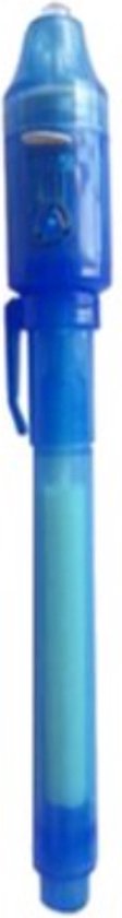Blauwe UV-pen met clip. Transparante dop met knop en lampje.