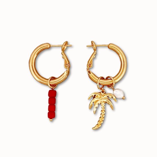 ByNouck Jewelry - Oorbellen Set Red Palm Pearl - Sieraden - Dames Oorbellen - Verguld - Rood - Parel - Oorbellen
