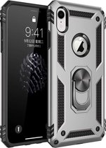 Hoesje Geschikt voor Apple iPhone XR Stevige Magnetische Anti shock ring back cover case/schokbestendig/TPU met stand + gratis screenprotector kleur Zilver
