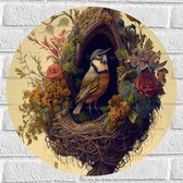 Muursticker Cirkel - Koolmees Vogel in het Nest Versierd met Bloemen - 50x50 cm Foto op Muursticker