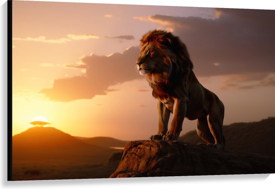 Canvas - Leeuw op Rots met Zonsondergang - 120x80 cm Foto op Canvas Schilderij (Wanddecoratie op Canvas)
