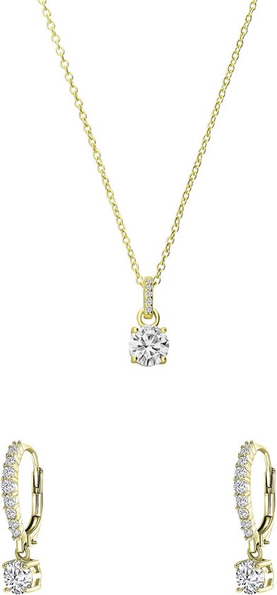 Lucardi Dames Zilveren goldplated sieradenset ketting en oorringen hart zirkonia - Cadeau Set - 925 Zilver - Goudkleurig