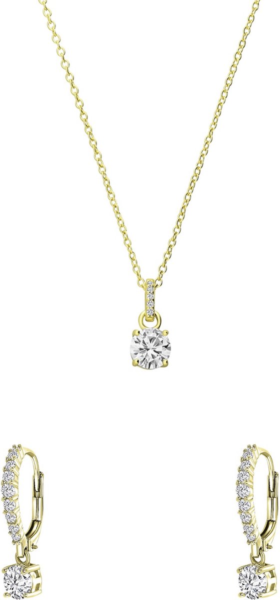 Lucardi - Dames Zilveren goldplated sieradenset ketting en oorringen zirkonia - Cadeau Set - 925 Zilver - Goudkleurig