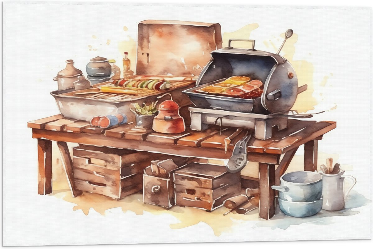 Vlag - Waterverf Tekening met Barbecue en Eten - 75x50 cm Foto op Polyester Vlag