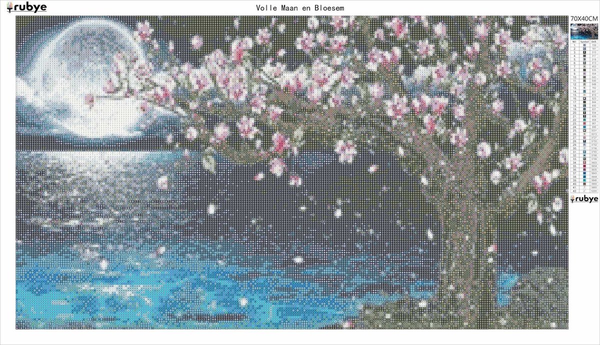 Rubye® Diamond Painting Volwassenen - Diamond Painting Kinderen - Diamond Painting Pakket Volledig - Volle Maan en Bloesem - 70x40cm — afbeelding 10