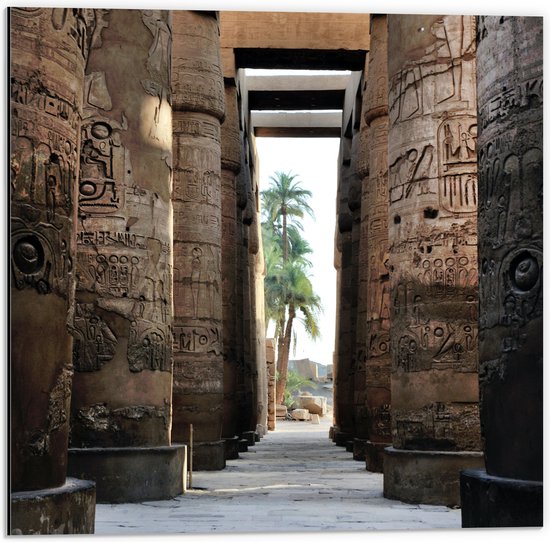 Dibond - Hiërogliefen op Pilaren van Oud Egyptisch Monument - 50x50 cm Foto op Aluminium (Wanddecoratie van metaal)