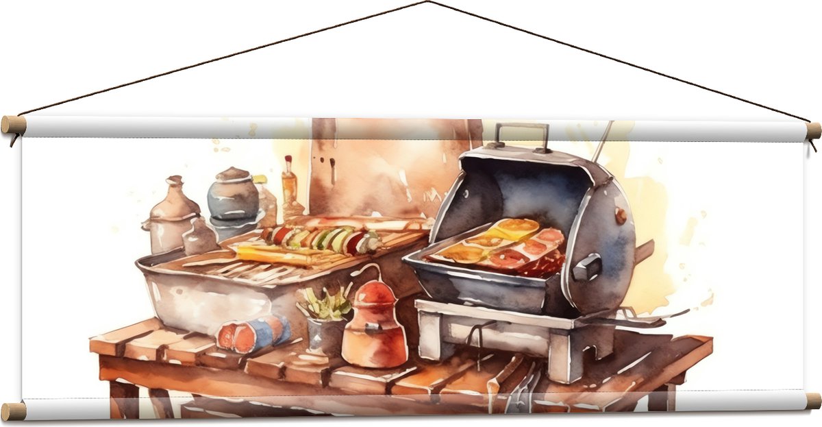 Textielposter - Waterverf Tekening met Barbecue en Eten - 120x40 cm Foto op Textiel