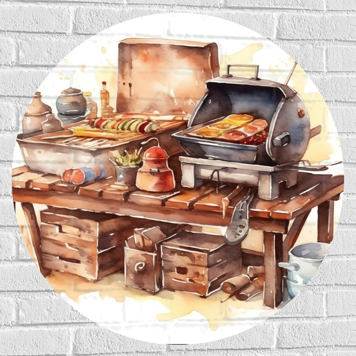 Muursticker Cirkel - Waterverf Tekening met Barbecue en Eten - 80x80 cm Foto op Muursticke