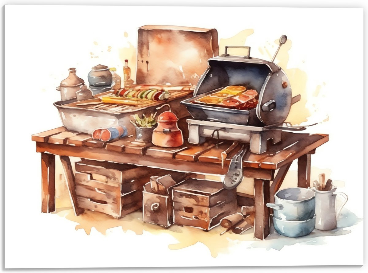 PVC Schuimplaat- Waterverf Tekening met Barbecue en Eten - 40x30 cm Foto op PVC Schuimplaa