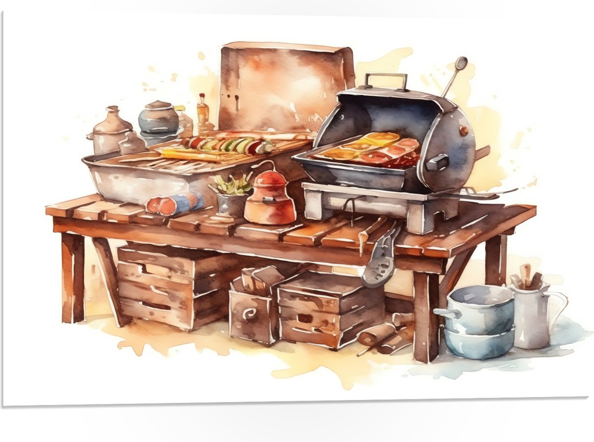 PVC Schuimplaat- Waterverf Tekening met Barbecue en Eten - 75x50 cm Foto op PVC Schuimplaa