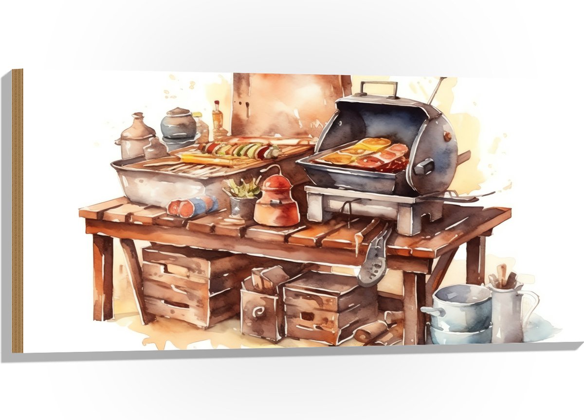 Hout - Waterverf Tekening met Barbecue en Eten - 100x50 cm - 9 mm dik - Foto op Hout (Met