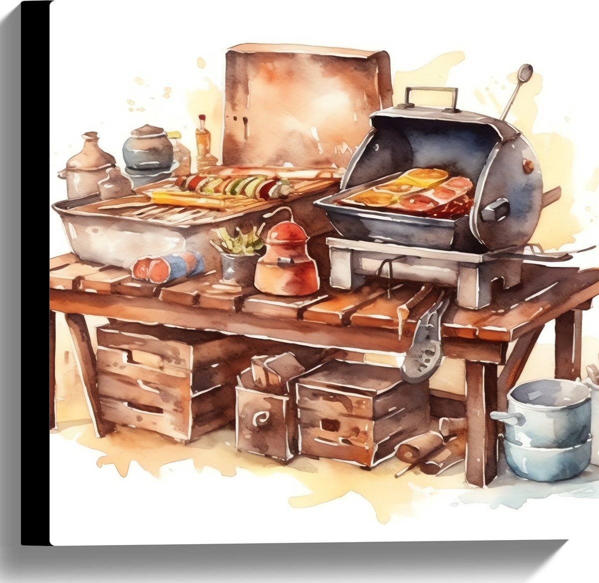 Canvas - Waterverf Tekening met Barbecue en Eten - 40x40 cm Foto op Canvas Schilderij (Wan