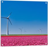 Tuinposter – Bloemen - Bloemenveld - Tulpen - Landschap - Windmolens - Nederland - Kleuren - 80x80 cm Foto op Tuinposter (wanddecoratie voor buiten en binnen)