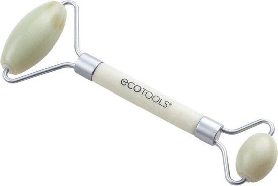 Ecotools jade roller. Wit handvat met zilveren details en lichtgroene stenen rol.