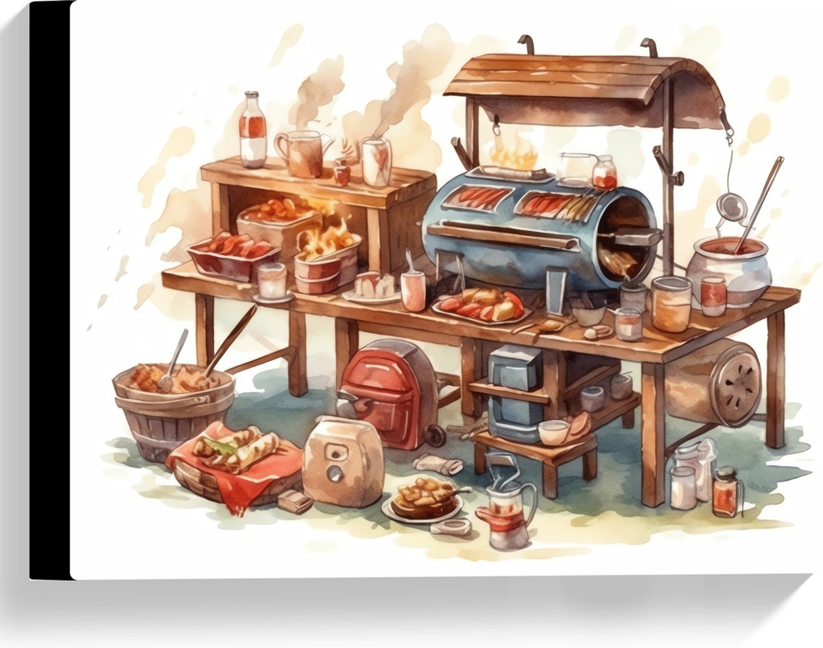 Canvas - Tekening van Barbecue - 40x30 cm Foto op Canvas Schilderij (Wanddecoratie op Canvas)