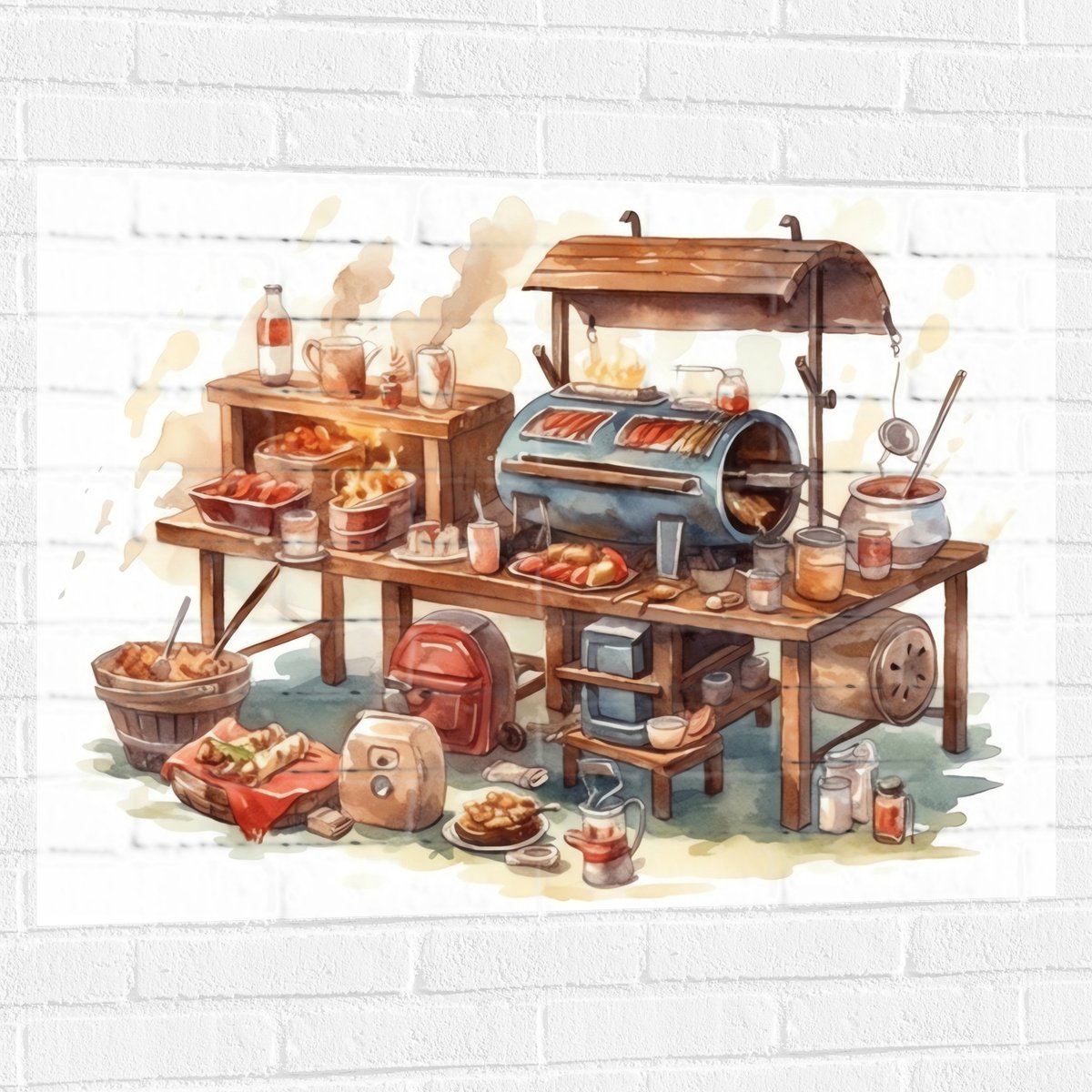 Muursticker - Tekening van Barbecue - 100x75 cm Foto op Muursticker