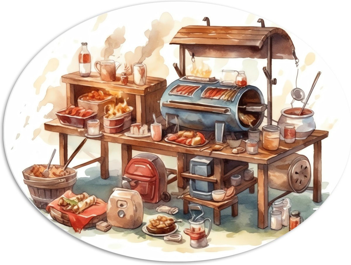 PVC Schuimplaat Ovaal - Tekening van Barbecue - 96x72 cm Foto op Ovaal (Met Ophangsysteem)