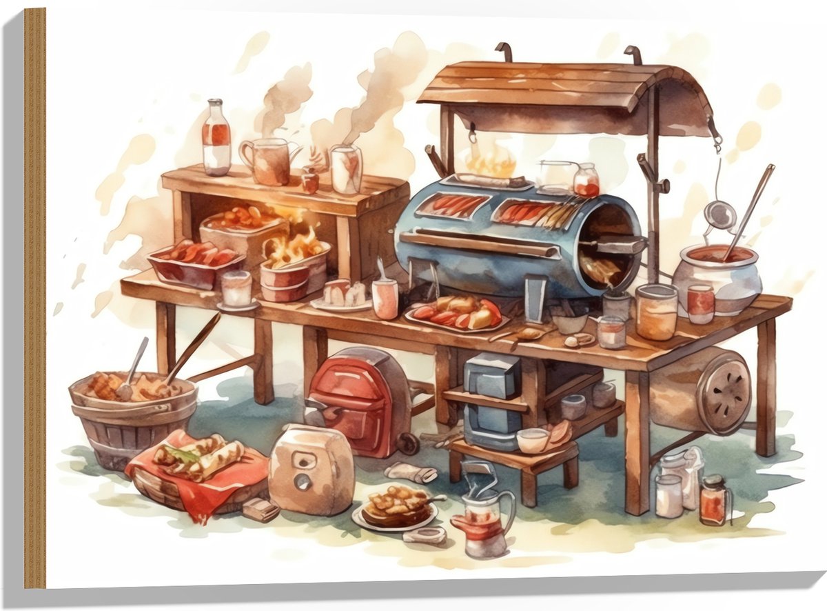 Hout - Tekening van Barbecue - 75x50 cm - 9 mm dik - Foto op Hout (Met Ophangsysteem)