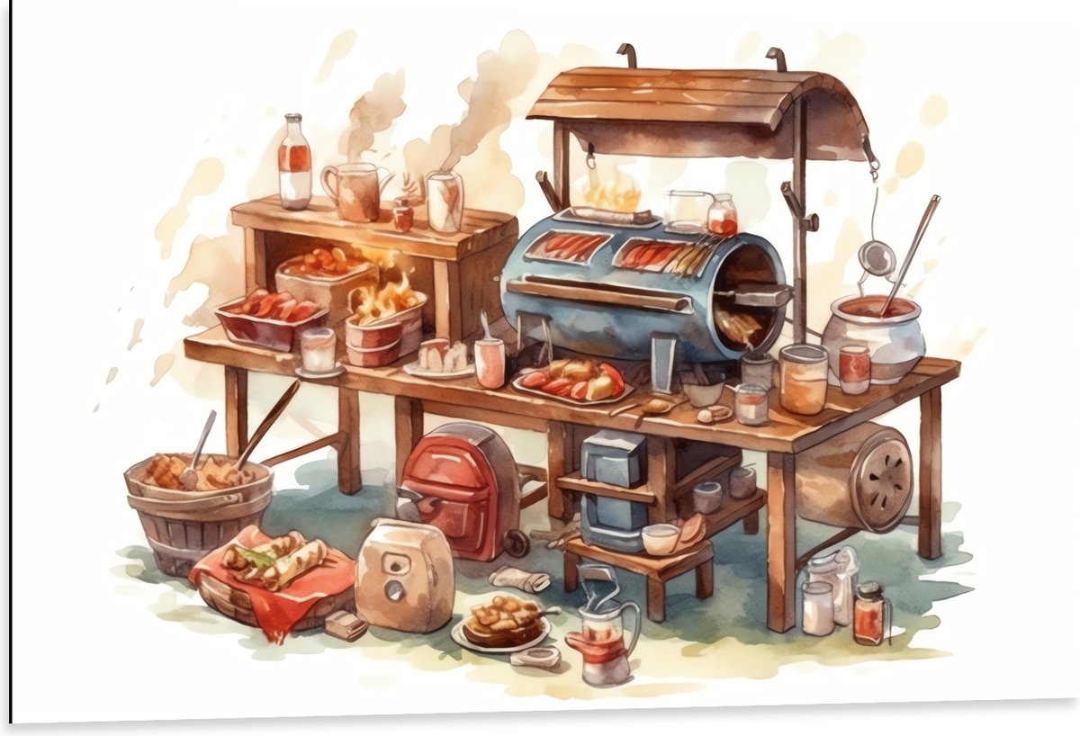 Dibond - Tekening van Barbecue - 105x70 cm Foto op Aluminium (Met Ophangsysteem)
