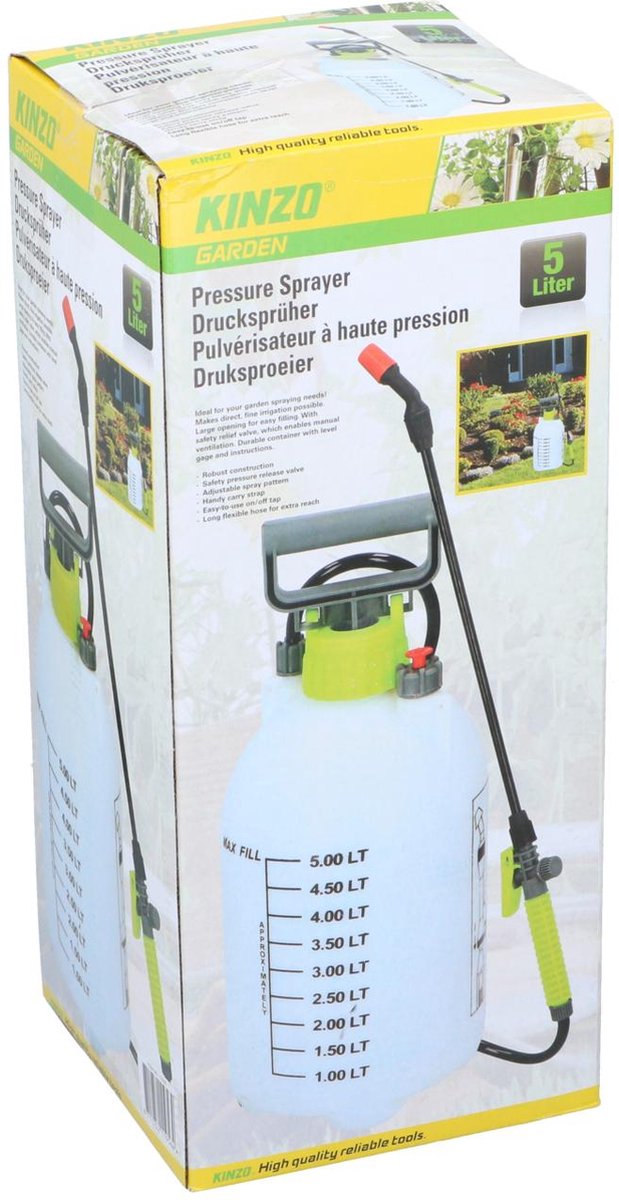 Kinzo Drukspuit 5L - Plantenspuit met Buigzame Slang - Incl. Draagriem - Hogedrukspuit - Besproeit Bloemen en Planten - Polypropyleen - Wit/Groen — afbeelding 4