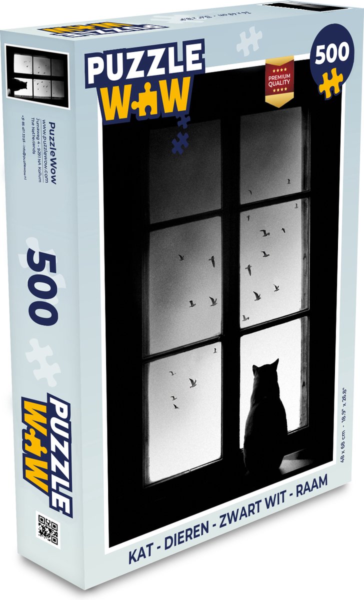Puzzel Kat - Dieren - Zwart wit - Raam - Legpuzzel - Puzzel 500 stukjes