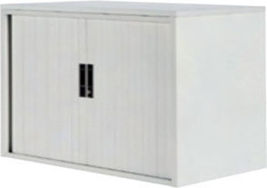 Witte archiefkast met een roldeur en een zwarte handgreep. De kast is 75cm hoog, 120cm breed en 45cm diep.