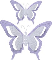Mega Collections Tuin/schutting decoratie vlinders - metaal - lila paars - 17 x 13 cm - 36 x 27 cm