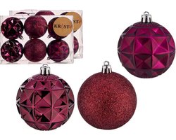 Krist+ gedecoreerde kerstballen -12x st- wijn rood/bordeaux - kunststof - 7 cm