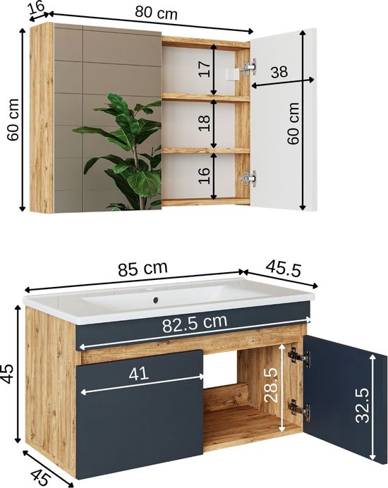 Modulo Plato Badkamermeubel Voor Waskom | 120 Cm Lichtgrijs Eiken Vlak Front Donkerbruin Eiken Blad 4 Hoge Lades 121713
