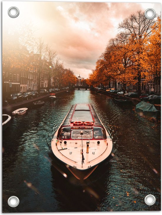 Foto: Tuinposter traditionele amsterdamse toeristenboot door de grachten tijdens de herfst 30x40 cm foto op tuinposter wanddecoratie voor buiten en binnen 