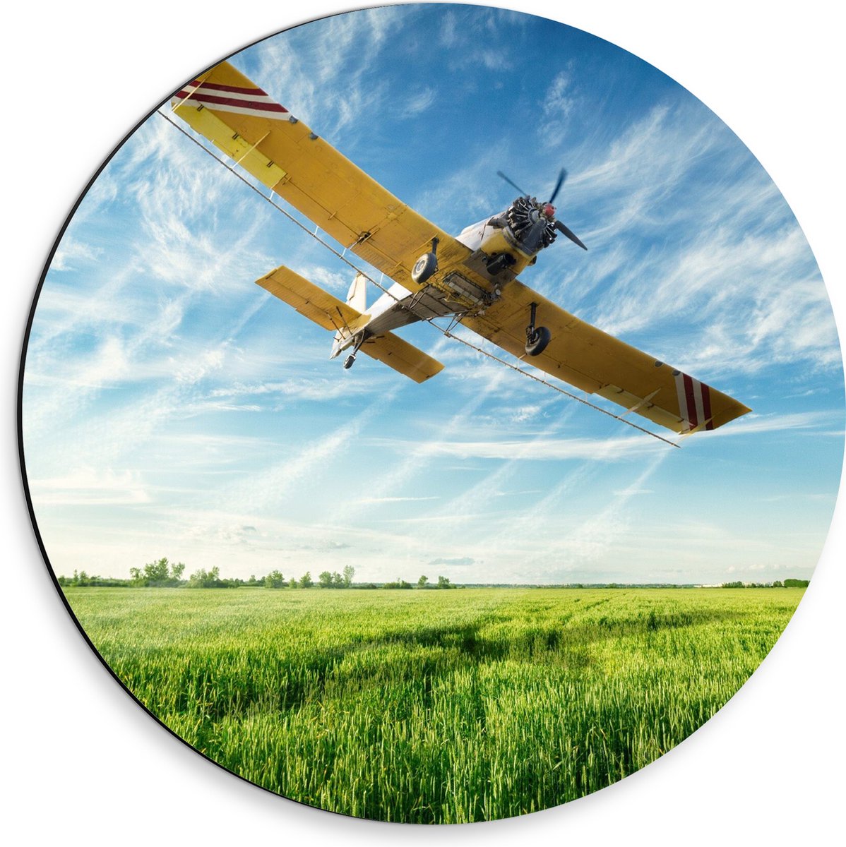 Dibond Muurcirkel - Geel Suntvliegtuig Vliegend over Vlakte onder Sluierbewolking - 30x30 cm Foto op Aluminium Muurcirkel (met ophangsysteem)
