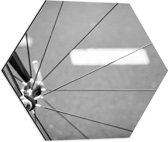 Dibond Hexagon - Close-up van Spaken in Wiel (Zwart- wit) - 50x43.5 cm Foto op Hexagon (Met Ophangsysteem)
