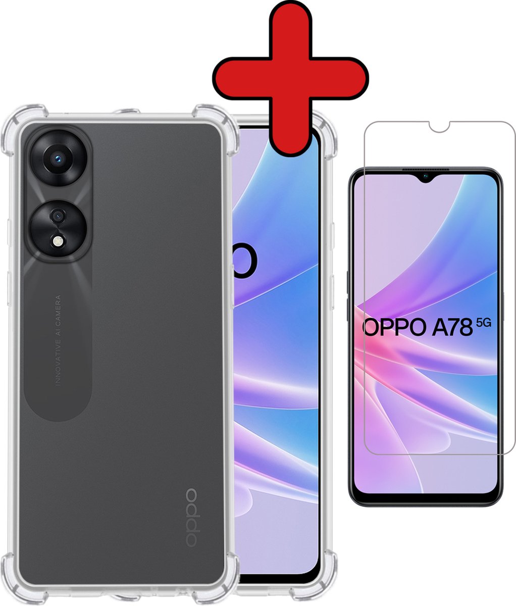 Hoesje - Met Screenprotector - Geschikt voor OPPO A78 5G - Sterk & Shockproof - Back Cover - Siliconen Case - Telefoon Hoes - Shock Proof - Telefoonhoes - Transparant