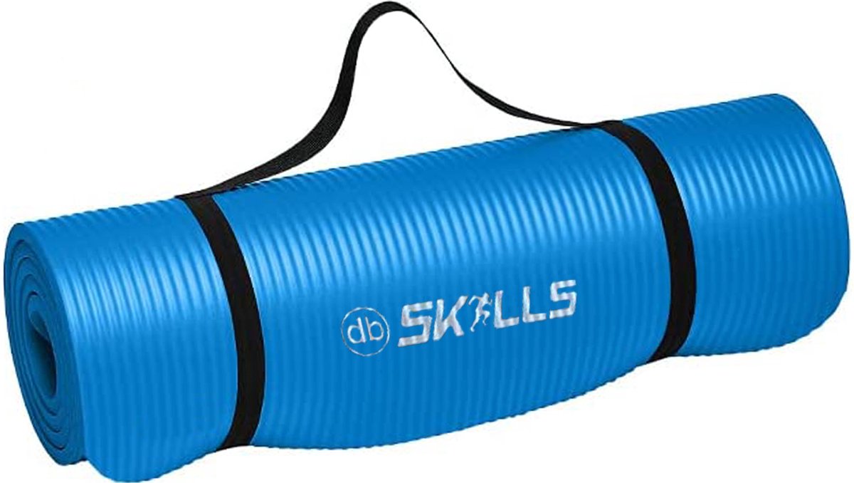 weekenddeal Fitnessmat blauw 1,5 cm dik - Yogamat Blauw + Nu voorzien van draagriem en tas - sporten buiten of binnen - dbSKILLS - Anti slip - sportmat -yogamat extra dik 183 cm 61 cm 1.5 dik