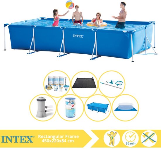 Piscine à Cadre Rectangulaire Intex - Piscine Hors Sol - 450x220x84 cm - Y Compris Voile Solaire, Forfait d'Entretien, Pompe de Piscine, Filtre, Toile de Sol, Kit d'Entretien et Tapis Solar