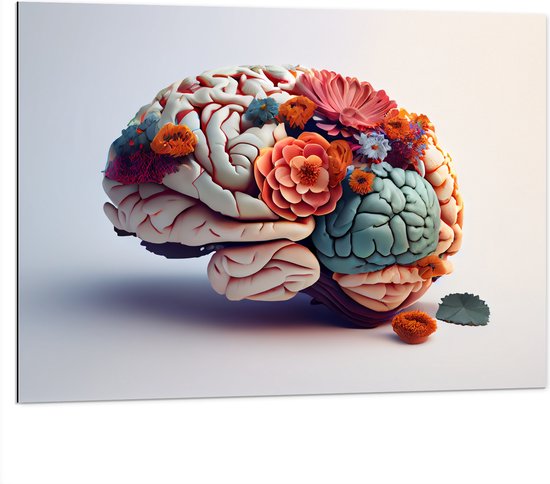 Dibond - Hersenen Versierd met Bloemen tegen Beige Achtergrond - 100x75 cm Foto op Aluminium (Wanddecoratie van metaal)