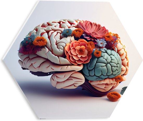 PVC Schuimplaat Hexagon - Hersenen Versierd met Bloemen tegen Beige Achtergrond - 30x26.1 cm Foto op Hexagon (Met Ophangsysteem)