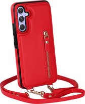 Casemania Hoesje Geschikt voor Samsung Galaxy A14 Rood - Luxe Back Cover met Koord - Wallet Case - Pasjeshouder