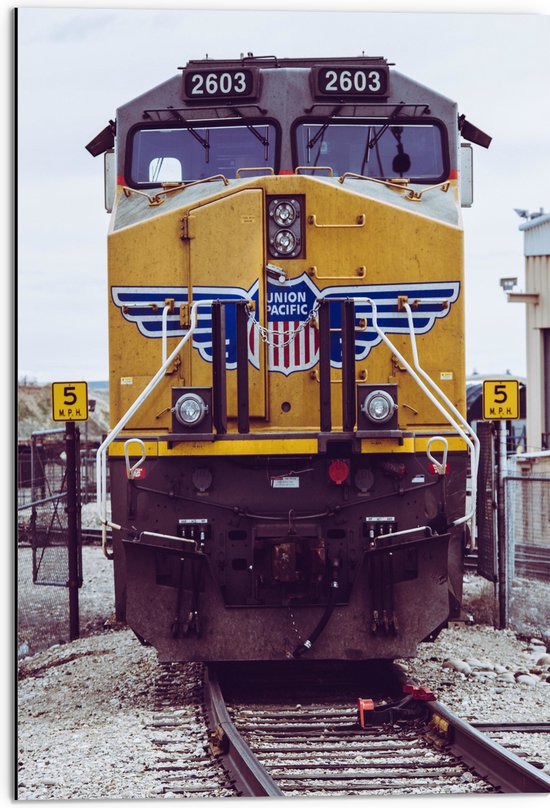 Dibond - Gele Trein Rijdend over het Spoor - 50x75 cm Foto op Aluminium (Wanddecoratie van metaal)