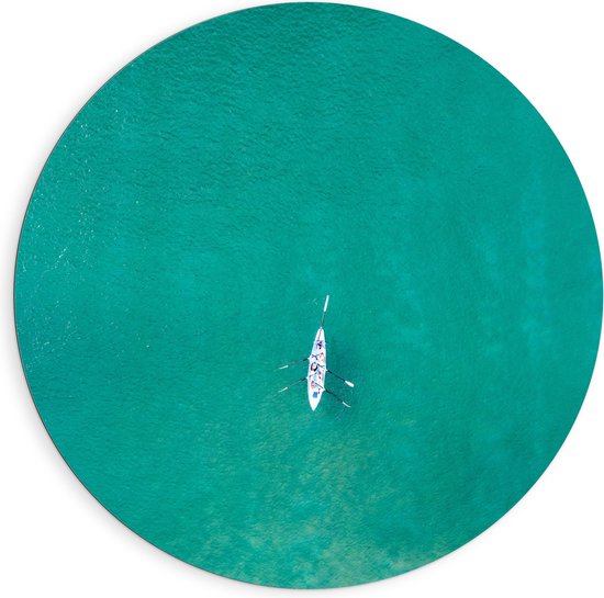 Dibond Muurcirkel - Bovenaanzicht van Sporters in Kano op Felblauwe Oceaan - 90x90 cm Foto op Aluminium Muurcirkel (met ophangsysteem)